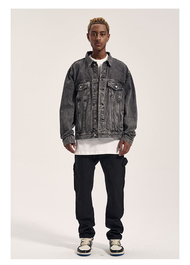 福神冬高街水波纹水洗做旧压纹休闲宽松牛仔夹克潮牛仔衣秋外套男