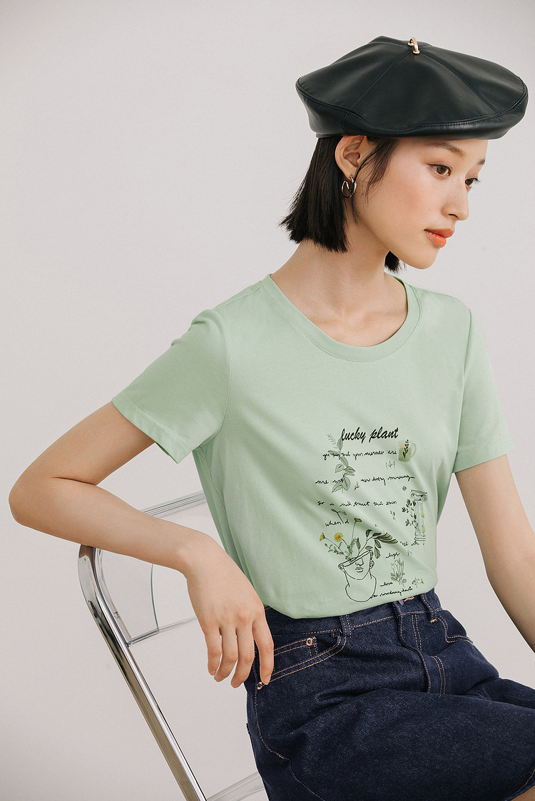 新款花体英文绣花植物艺术印花圆领合身短袖t恤休闲1812189豆绿色s