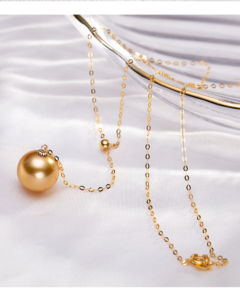 强光浓金可调节y链锁骨链女海水珍珠项链送女友老婆无瑕浓金色1011mm