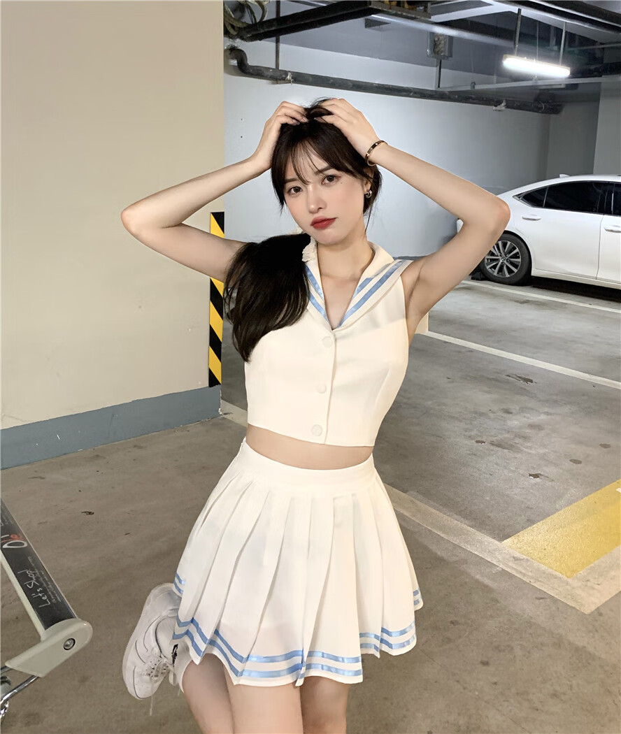 商场同款lrtl轻奢性感露背海军领衬衣jk制服套装女夏季学院风高腰百褶