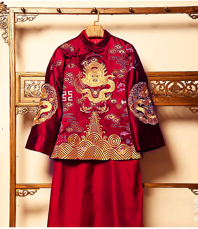 中式婚礼秀禾服中式结婚礼服新郎服男款马褂大码结婚装唐装龙凤褂sn