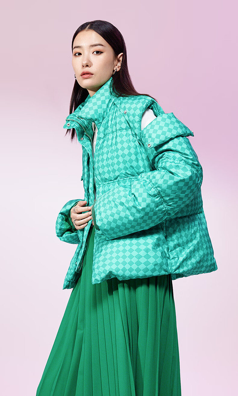 ochirly欧时力羽绒服女2022新款秋冬立领两穿棋盘格时尚保暖外套 绿色
