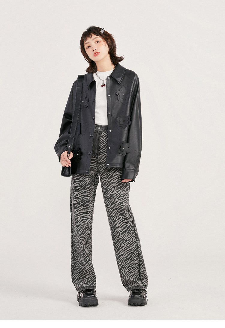 乐町潮酷牛仔裤女2021年新款早秋斑马纹两面穿黑色牛仔裤女 深灰(现货