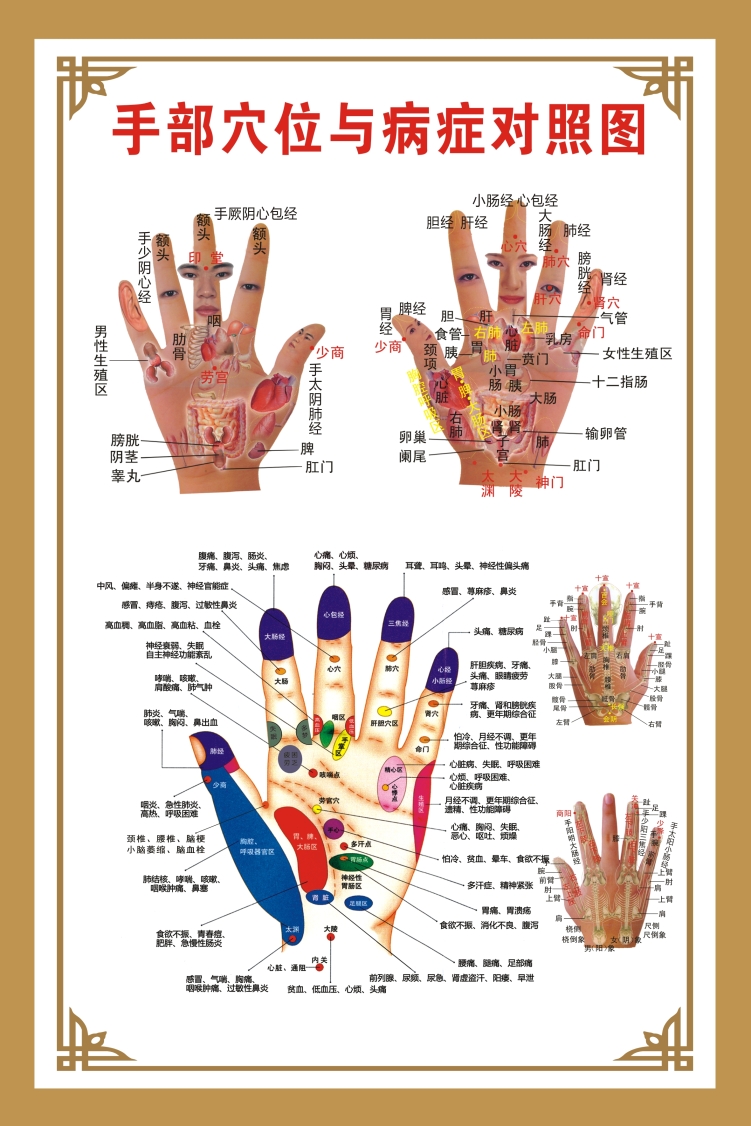 手按摩穴位图手部反射区大挂图人体针灸手部穴位与病症对照图墙贴手部