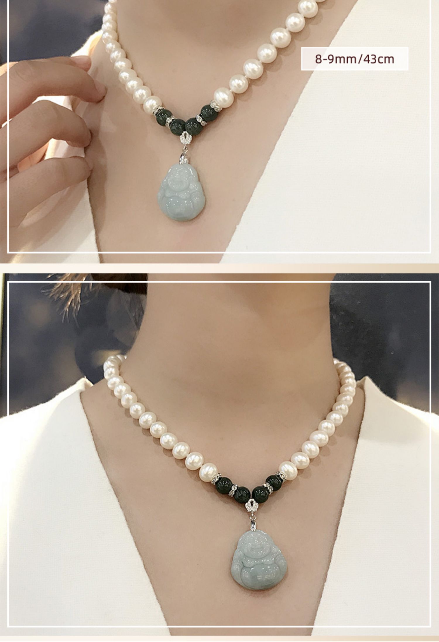 ukmrs珍珠项链妈妈婆婆首饰翡翠玉佛吊坠白色淡水珍珠项链馒头圆玉佛