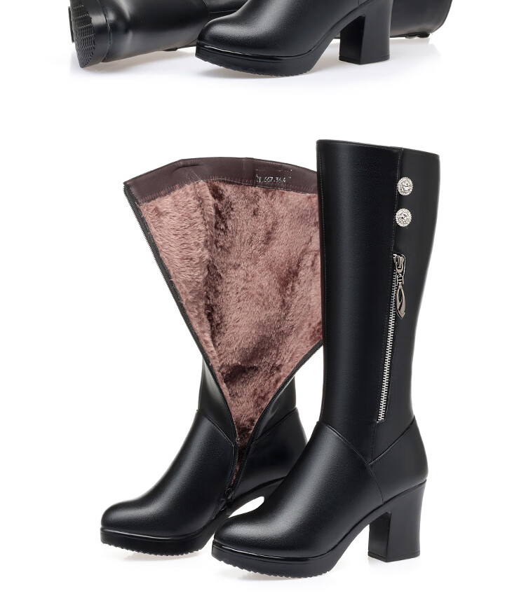 京树 女士半高跟半筒靴粗跟皮鞋款秋冬真眞皮高跟长筒靴加绒加厚时尚