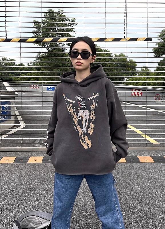 潮牌大v连帽卫衣联名字母印花水洗做旧高街宽松卫衣男 大v字母人像 s