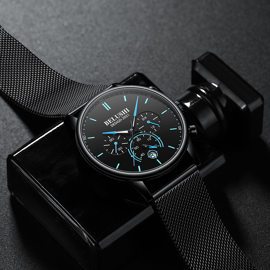 青少年概念石英男士手表夜光防水表帅气网红名表学生高中黑壳黑面银钉