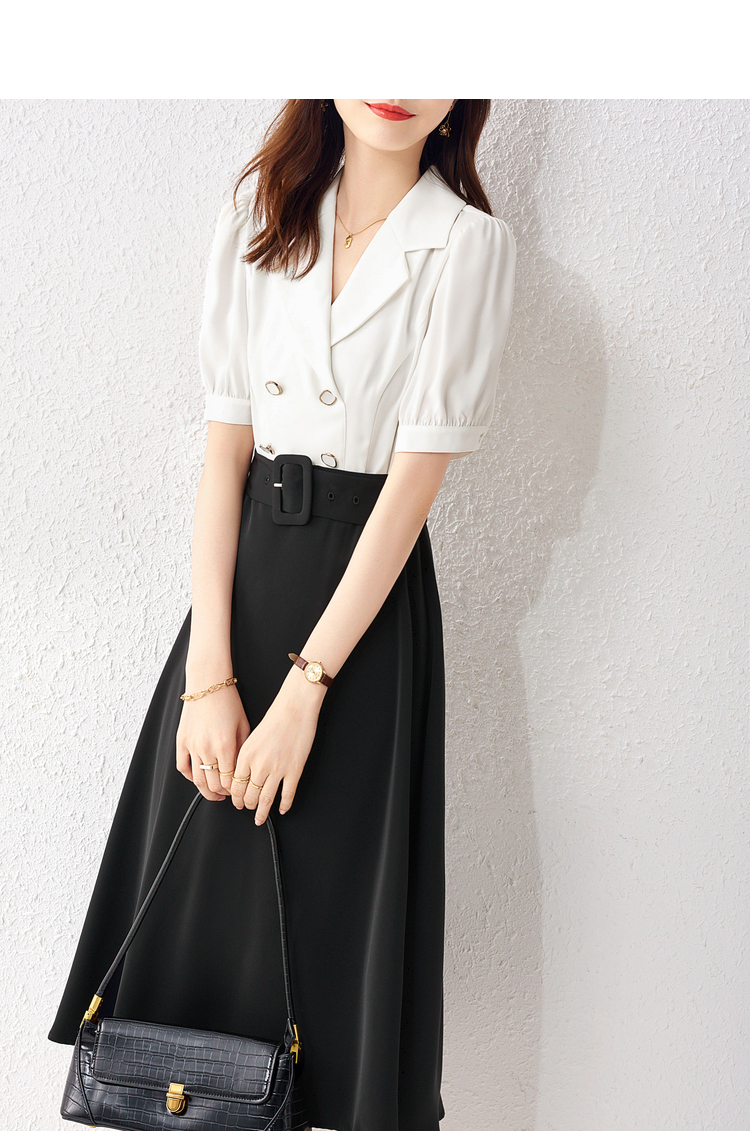 尚都比拉黑白撞色双排扣中长西装连衣裙女夏季收腰显瘦气质裙子 黑配