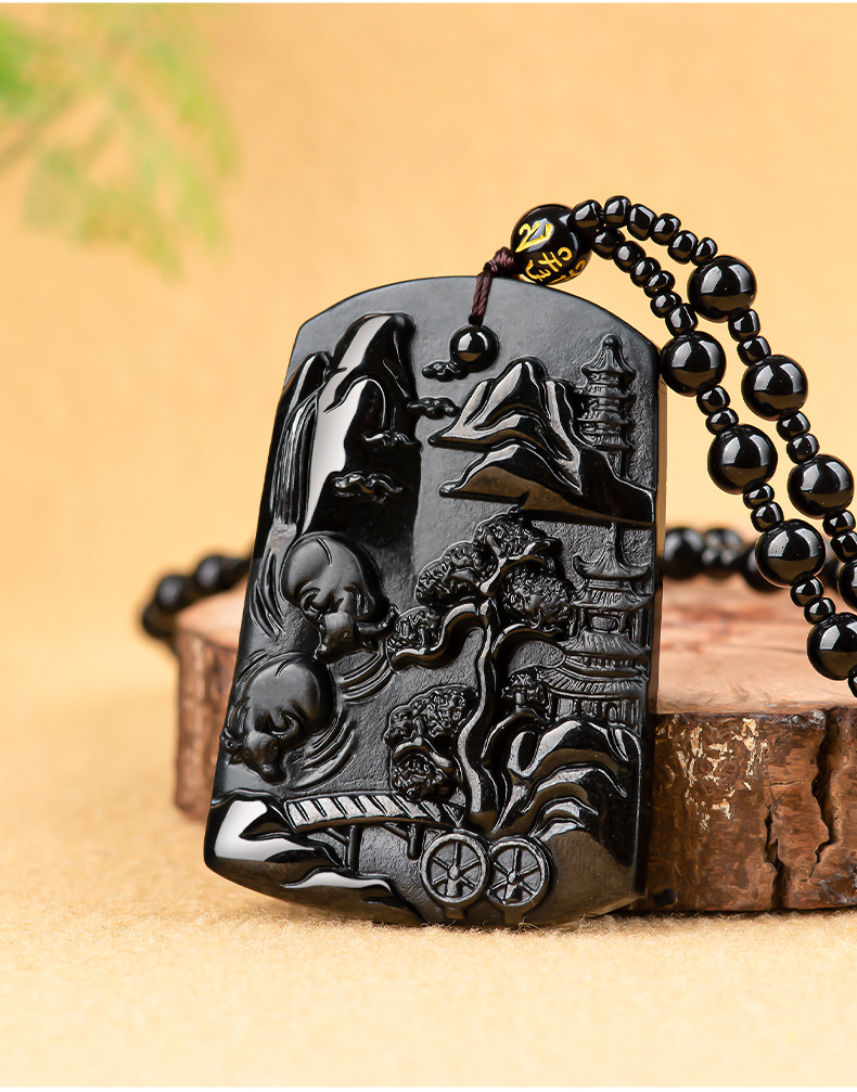 天然翡翠a货墨翠玉石意境山水牌吊坠冰种挂件玉坠男士玉器歆洛 墨翠