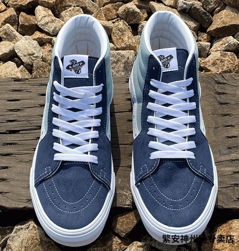 万斯联名官网官经典款帆布鞋水洗蓝高帮男板鞋拼接男鞋情侣鞋天蓝色