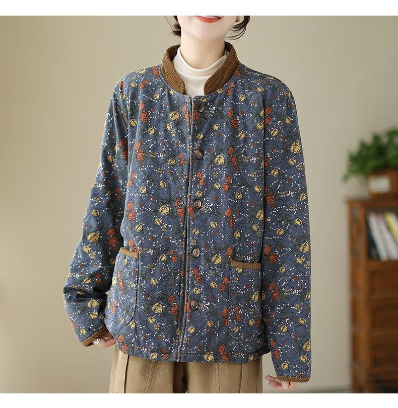 复古碎花夹棉小棉袄女秋冬宽松加厚保暖棉衣立领短款棉服外套 咖色