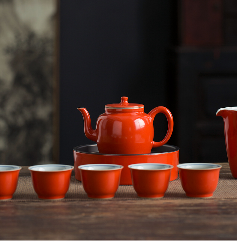珊瑚红碗茶杯景德镇陶瓷功夫茶具套装中式茶室郎红窑仿古整套茶具