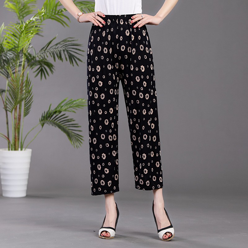 弗伊 夏季中老年女裤冰丝妈妈裤宽松大码花裤子松紧腰休闲九分裤打底
