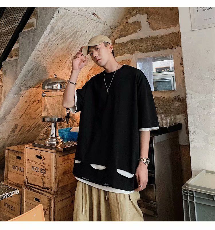 潮牌潮流破洞短袖t恤男夏季乞丐衣服外穿宽松五分半袖内搭打底衫黑色