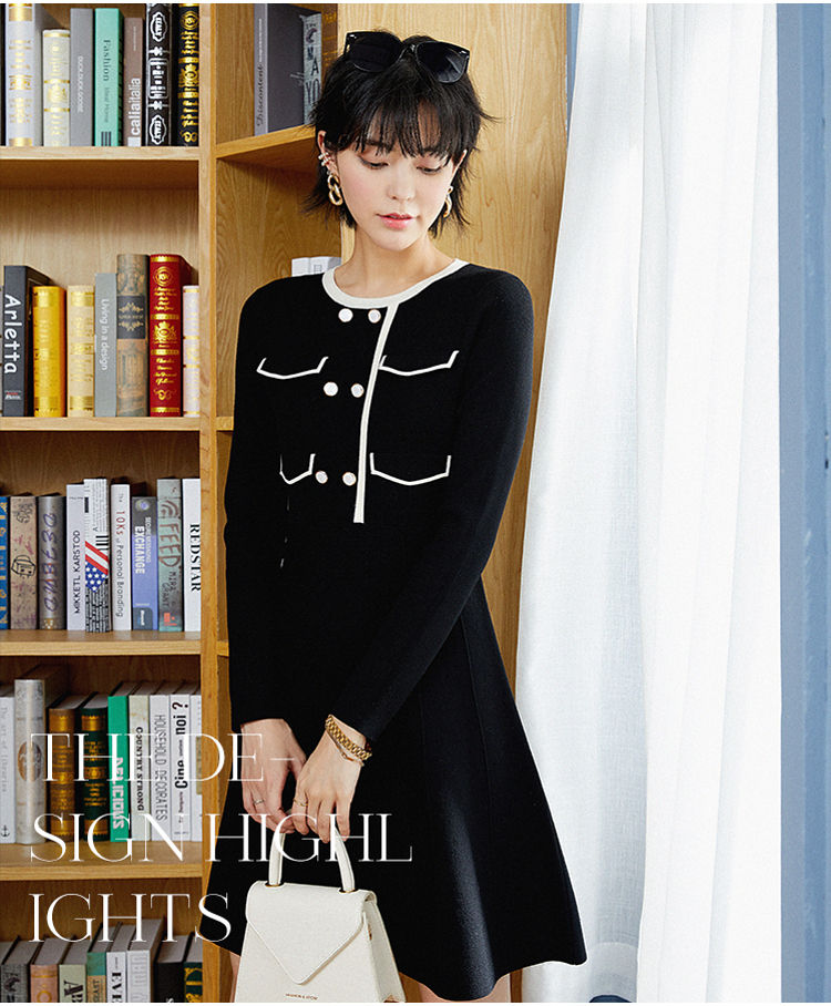 【设计师系列】衣香丽影2021年秋装黑色针织连衣裙女气质裙子 赫本黑