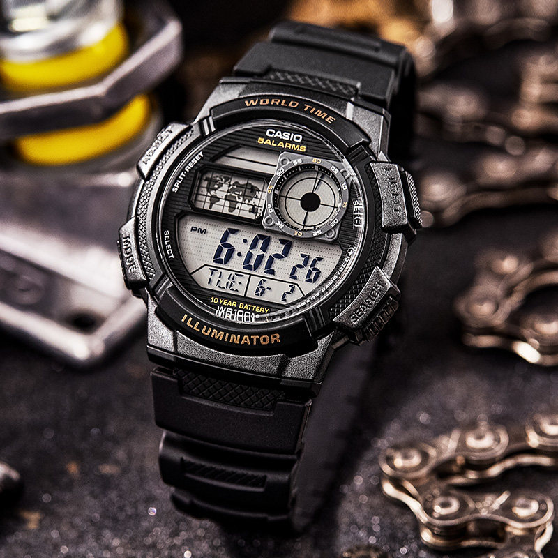 casio卡西欧 海外代购手表男潮流黑金黑武士运动电子学生男士表aeq