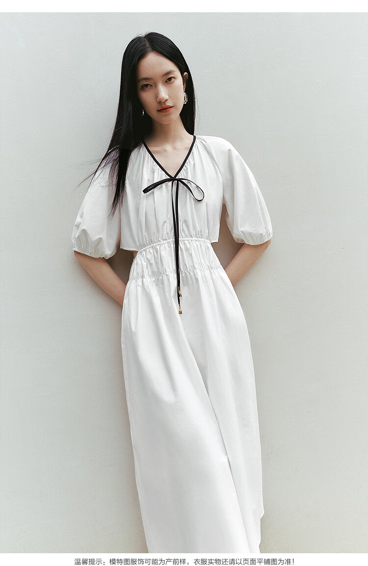 Peacebird Women's Premium Commuter Summer V-Neck Long Dress Small Brand Hollow Out Color-Block Simple Commuter White Long M 13