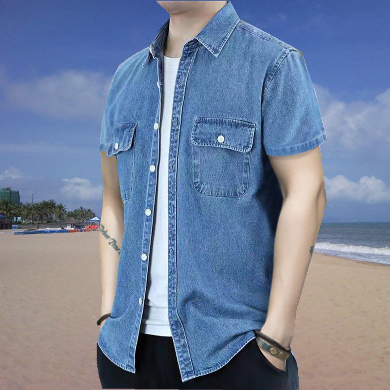 抒融男士夏季短袖外套软牛仔衬衣宽松大码男装半袖衬衫夏天上衣衬衫潮