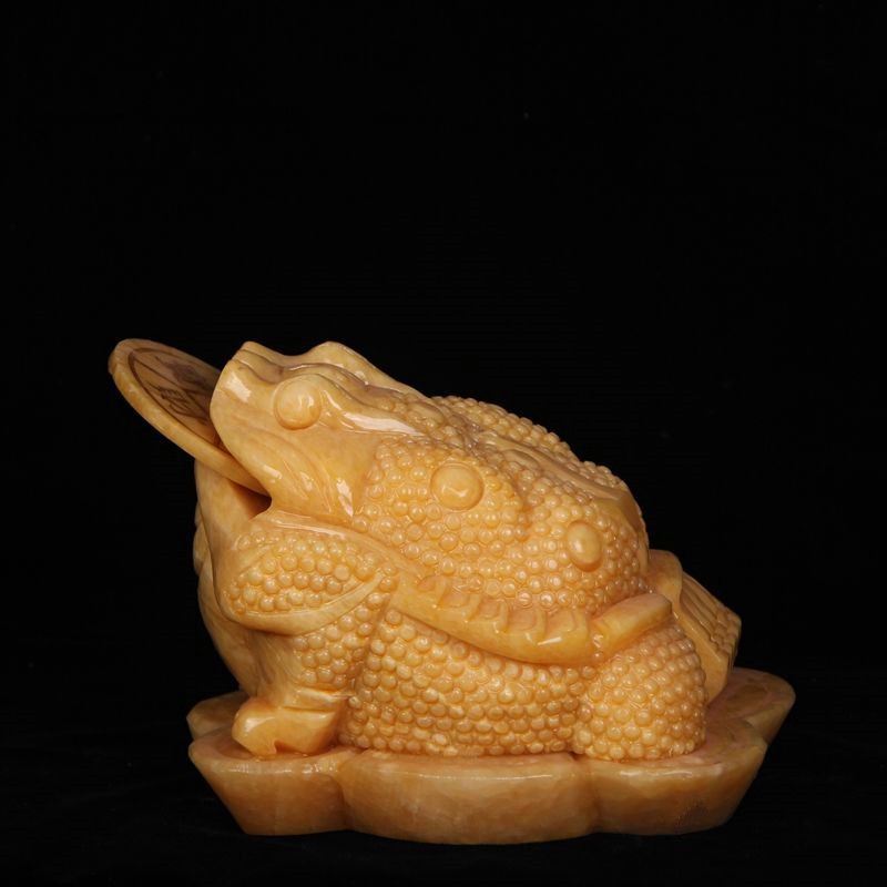 思赞 天然黄玉金蟾摆件 三足玉雕金蝉金蟾蜍办公室风水工艺品 长度22