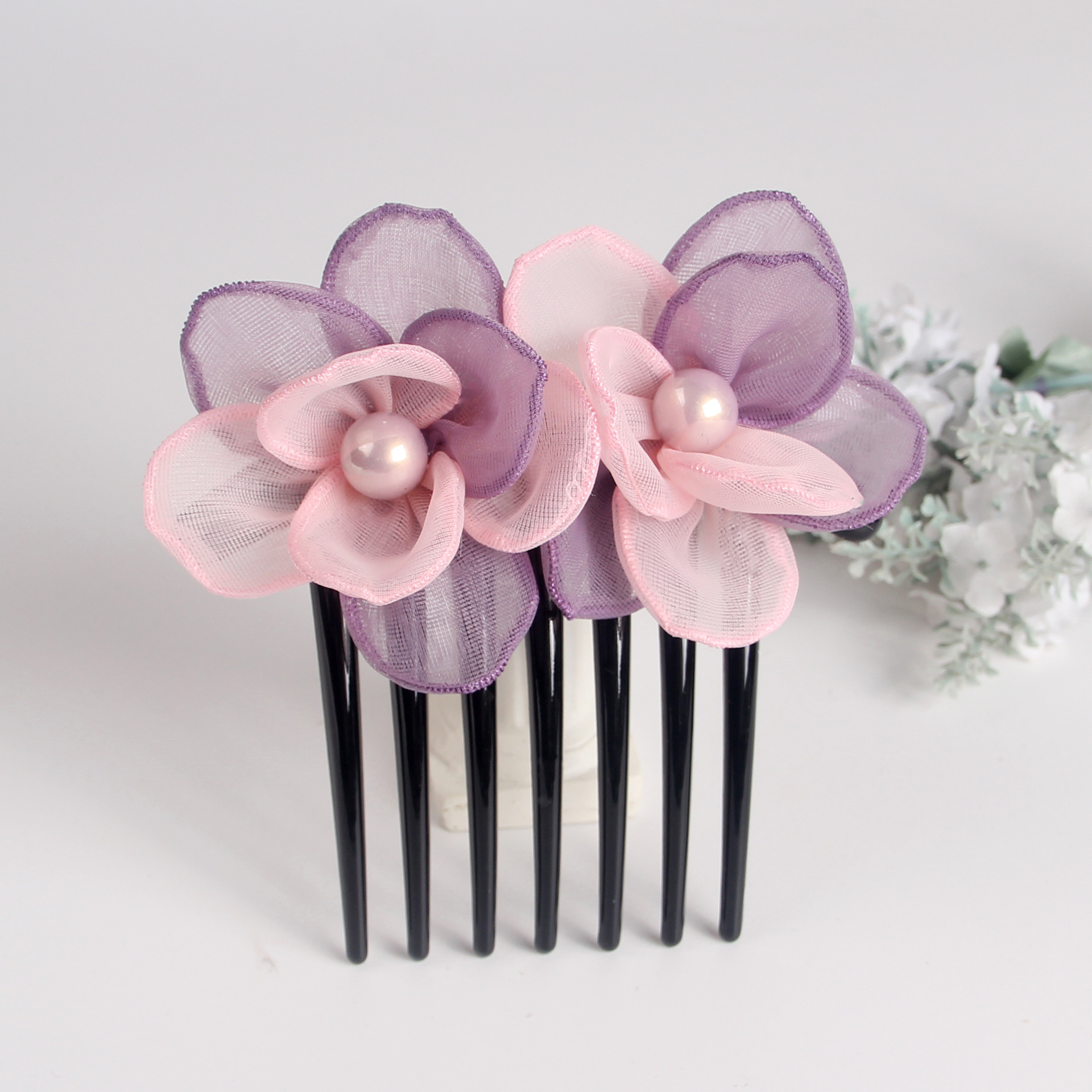 绢纱珍珠发梳盘发发卡玫瑰花插梳发饰发簪七齿梳后脑勺女 蓝紫【图片