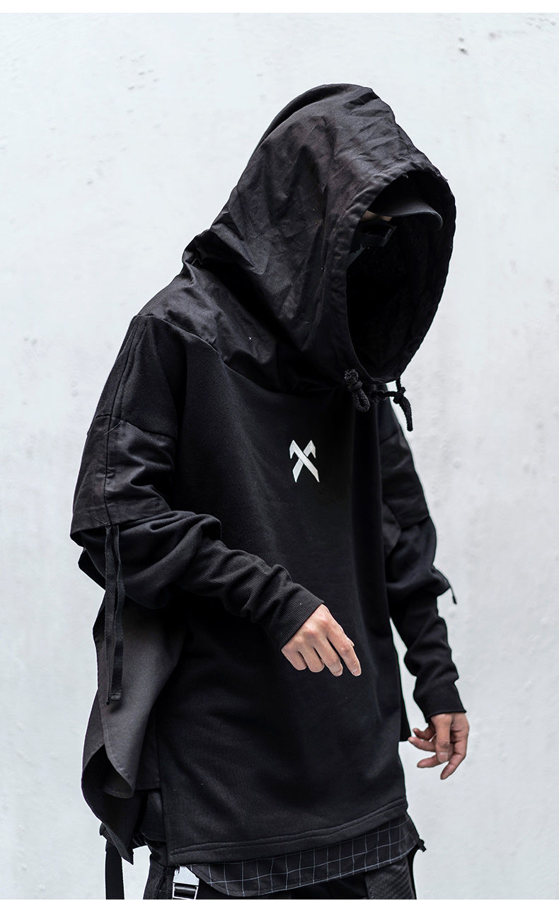 吉业重工机能风卫衣男黑色2021新款假两件鱼嘴卫衣春季连帽衫黑色m