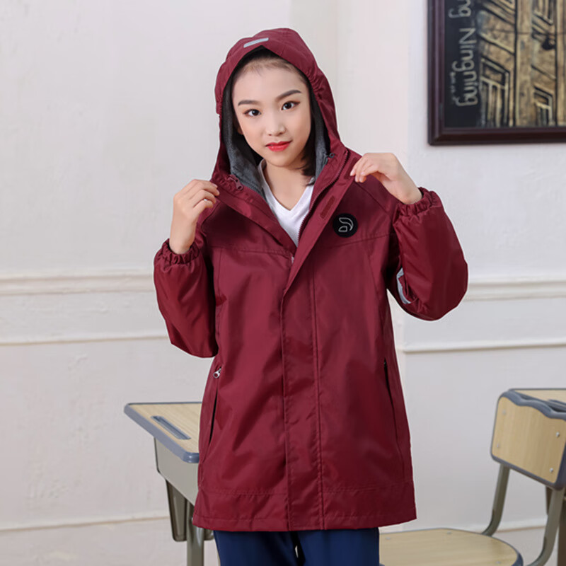 校服冲锋衣冬季三合一外套加绒加厚中小学生班服户外冲锋衣二件套 枣