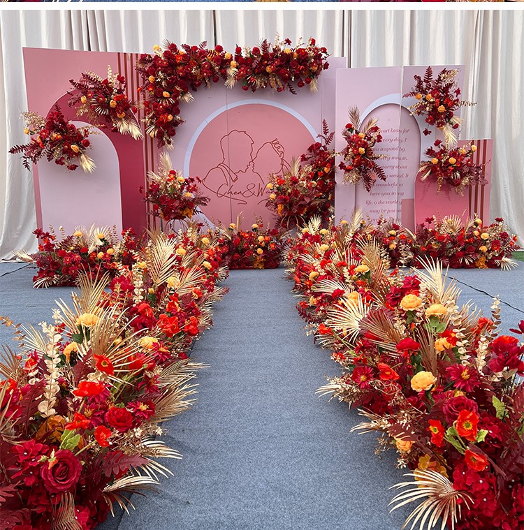 婚庆排花舞台t台路引花中式婚礼现场布置花排酒店装饰红金色花艺 红
