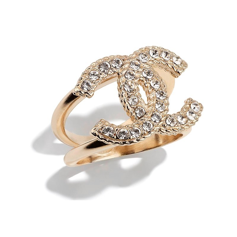 chanel香奈儿女士戒指 经典双c标志金色金属镶嵌水晶水钻时尚典雅