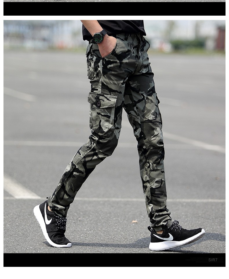 迷彩裤男修身小脚裤春季男士多口袋旅工装裤男户外工作运动耐磨修身