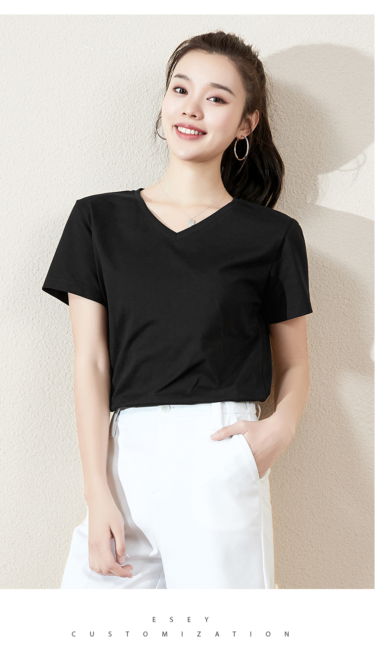 逸阳2021夏季新款黑色短袖t恤女v领纯色宽松白t纯棉白色打底上衣 星辰