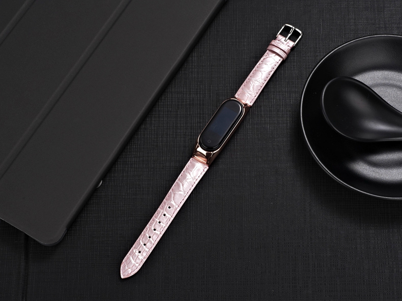 适用小米手环5代6nfc腕带36真鳄鱼皮表带运动2三四代金属中框替换带