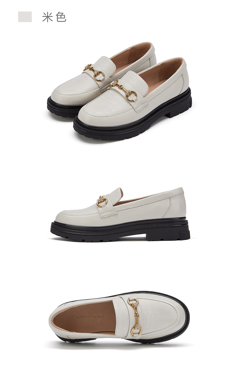 卡迪娜新款商务通勤圆头深口套脚乐福鞋女单鞋女kll10307 米色牛皮革