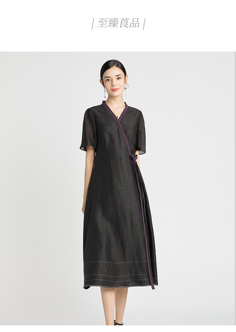 tangy天意夏季新品商场同款香云纱线迹收腰真丝莨绸连衣裙7601l