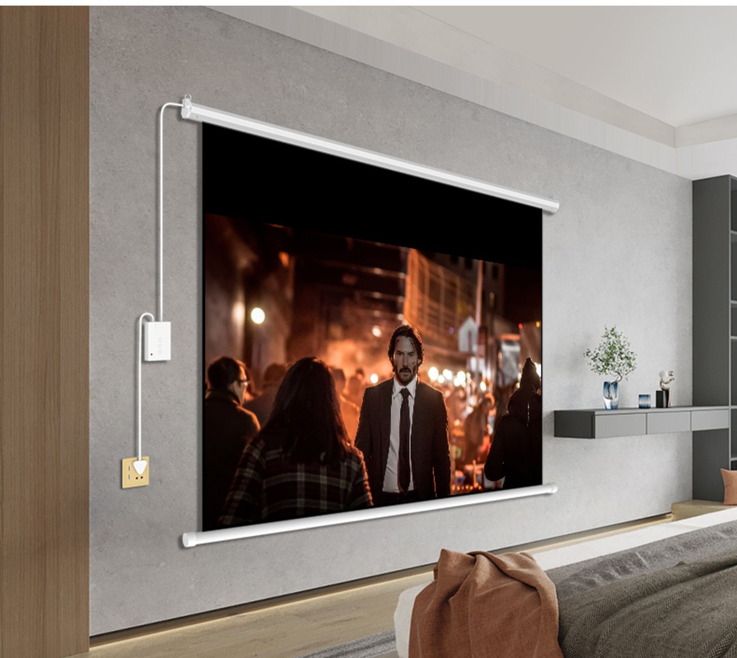 投影幕布电动升降投影仪白幕布家用高清壁挂式幕背景墙4k抗光100吋120