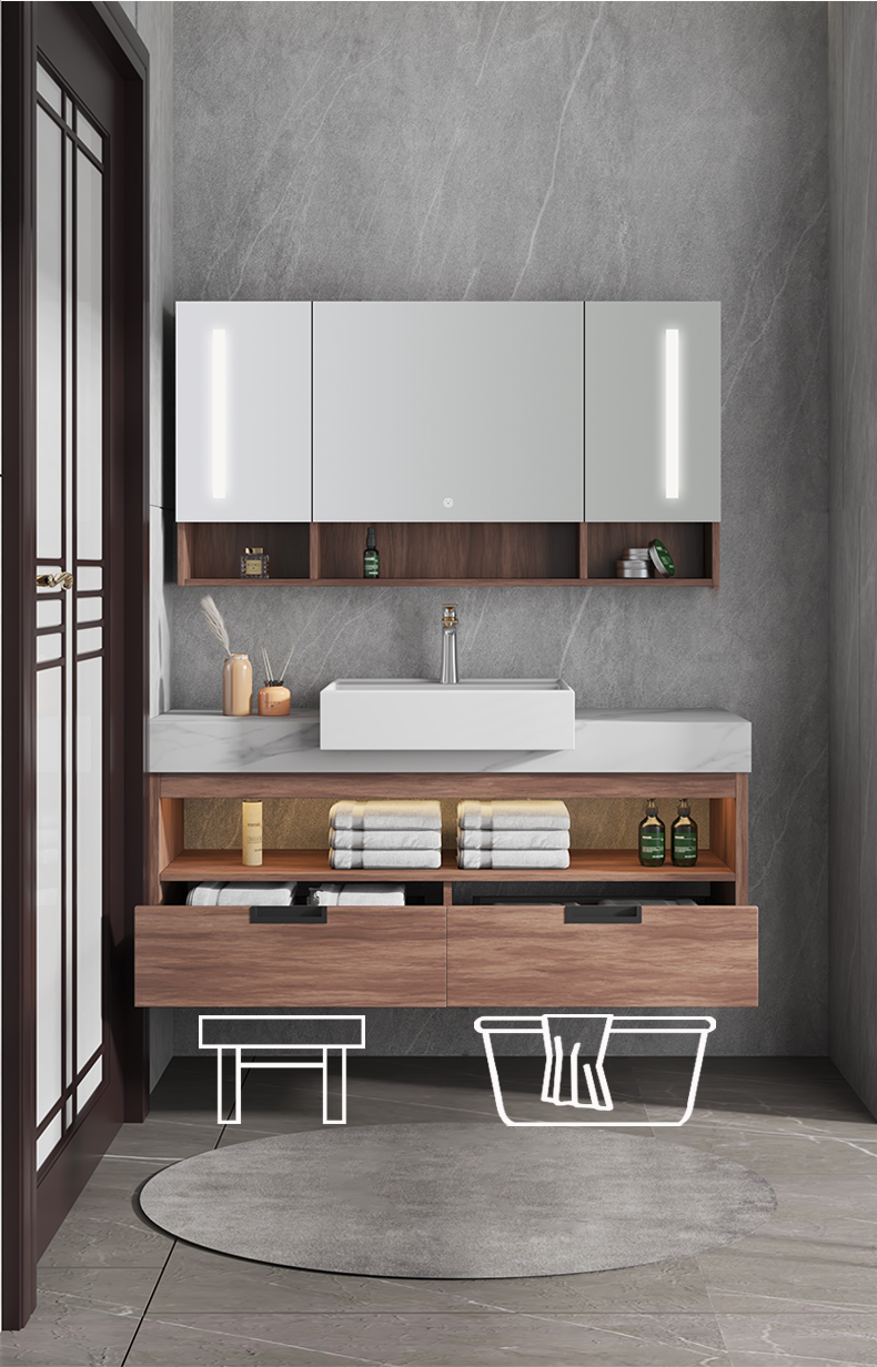 斯定制浴室柜小户型窄边实木岩板洗手洗脸洗漱台盆柜组合套装智能镜柜