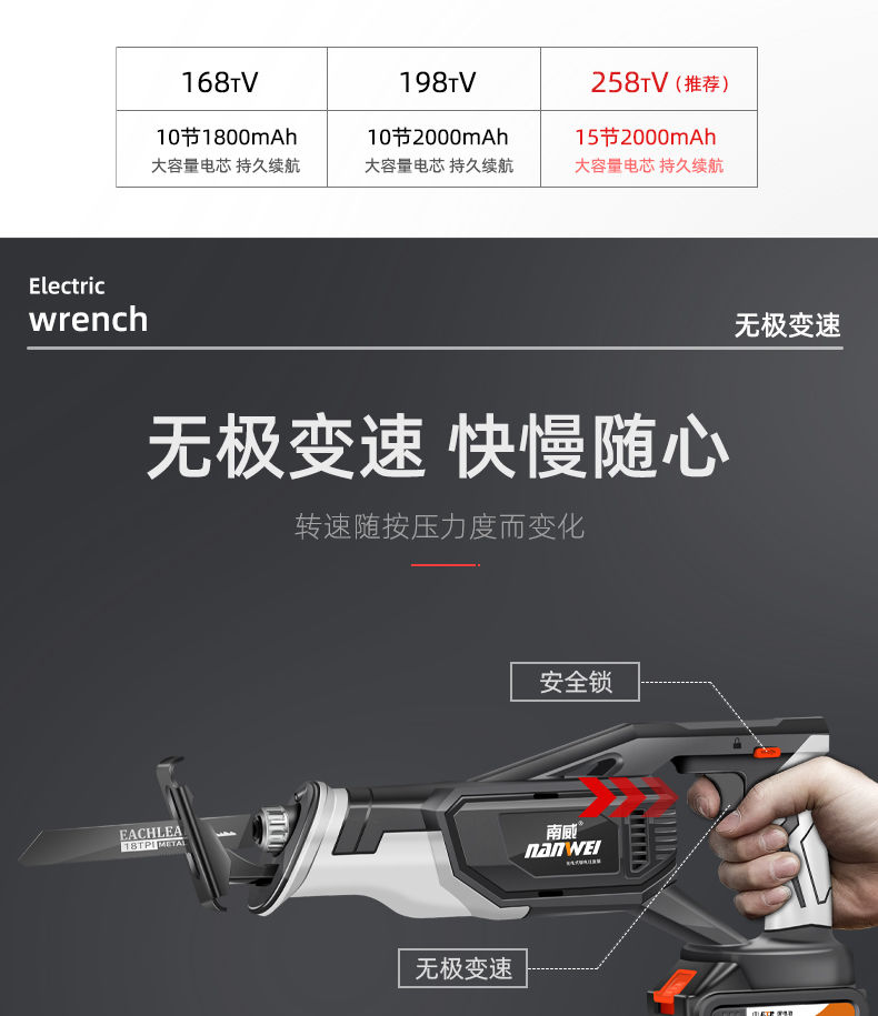 无刷锂电往复锯充电式马刀锯家用曲线电锯切割户外小型伐木锯无刷款