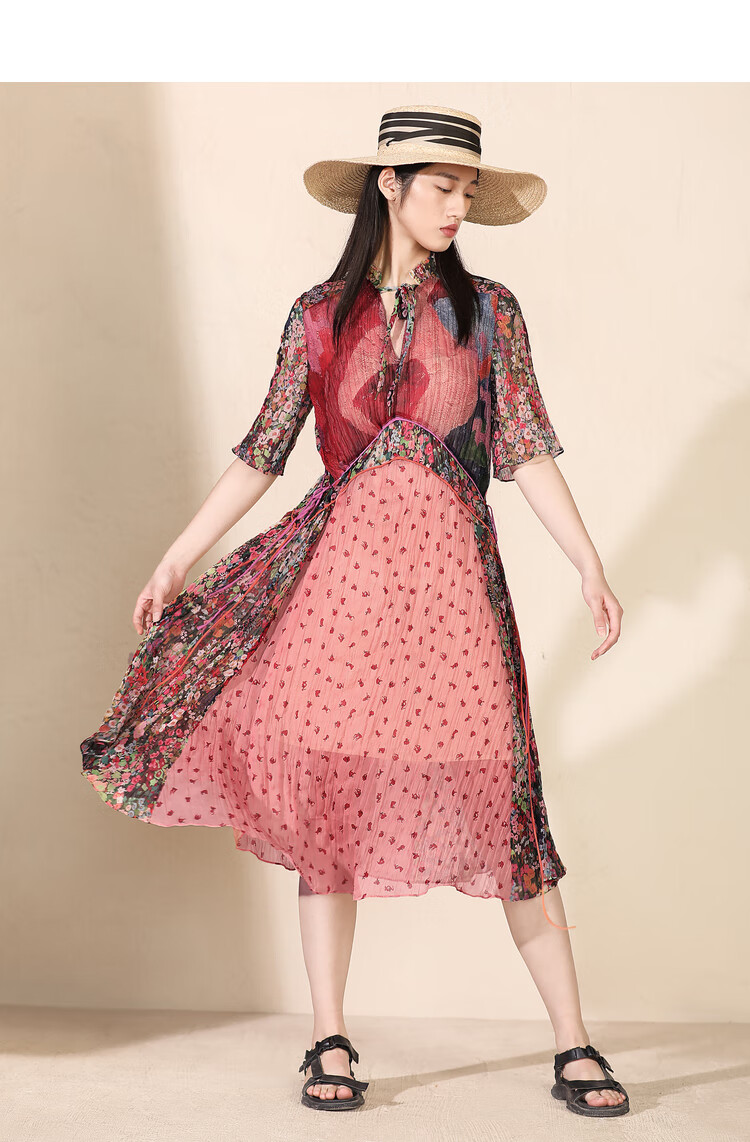 达衣岩舒适轻薄长款2022年夏季新品碎花花边连衣裙女 骑兵绿 l【图片