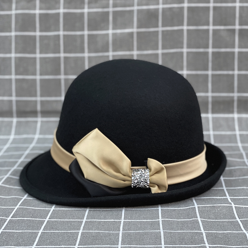 yunsijun 秋冬新款优雅复古羊毛呢圆顶卷沿小礼帽女士时尚蝴蝶结碎钻
