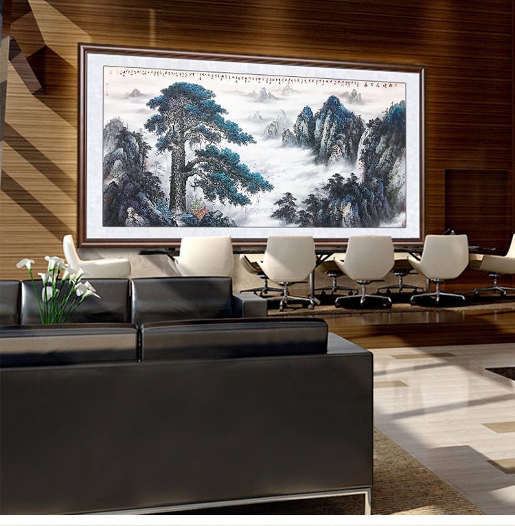戴誉国画黄山手绘迎客松山水画靠山聚财客厅沙发背景挂画办公室装饰画