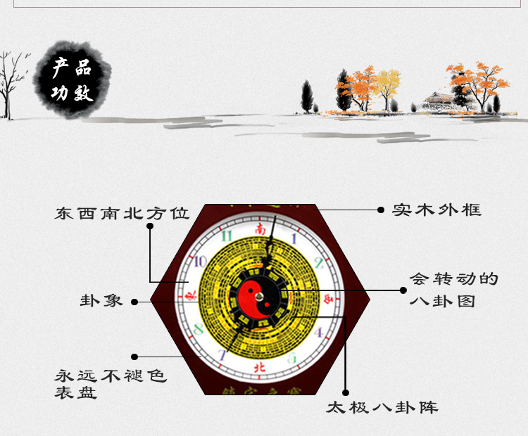 桃木太极八卦钟表八卦钟罗盘钟风水挂钟台式钟客厅八卦招财钟12英寸