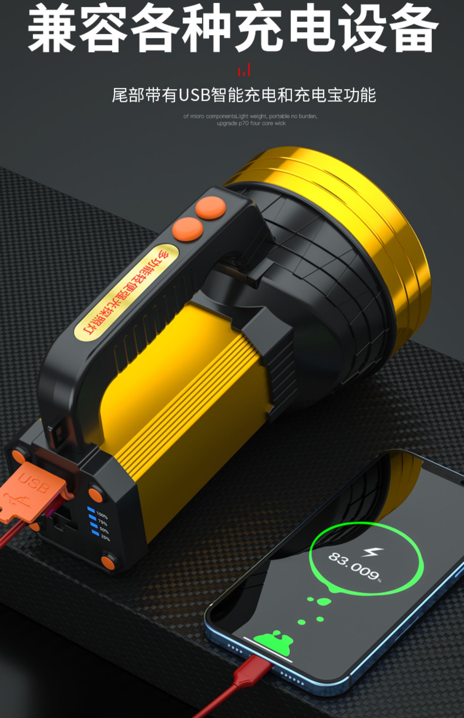 手电筒强光充电户外超亮远射led家用便携式手提军专用氙气探照灯