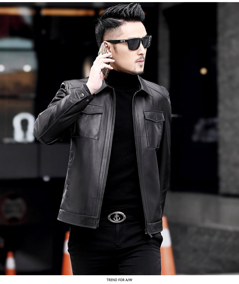 罗蒙(romon)2021秋季新款皮衣男真好皮绵羊皮机车短款翻领男士皮夹克