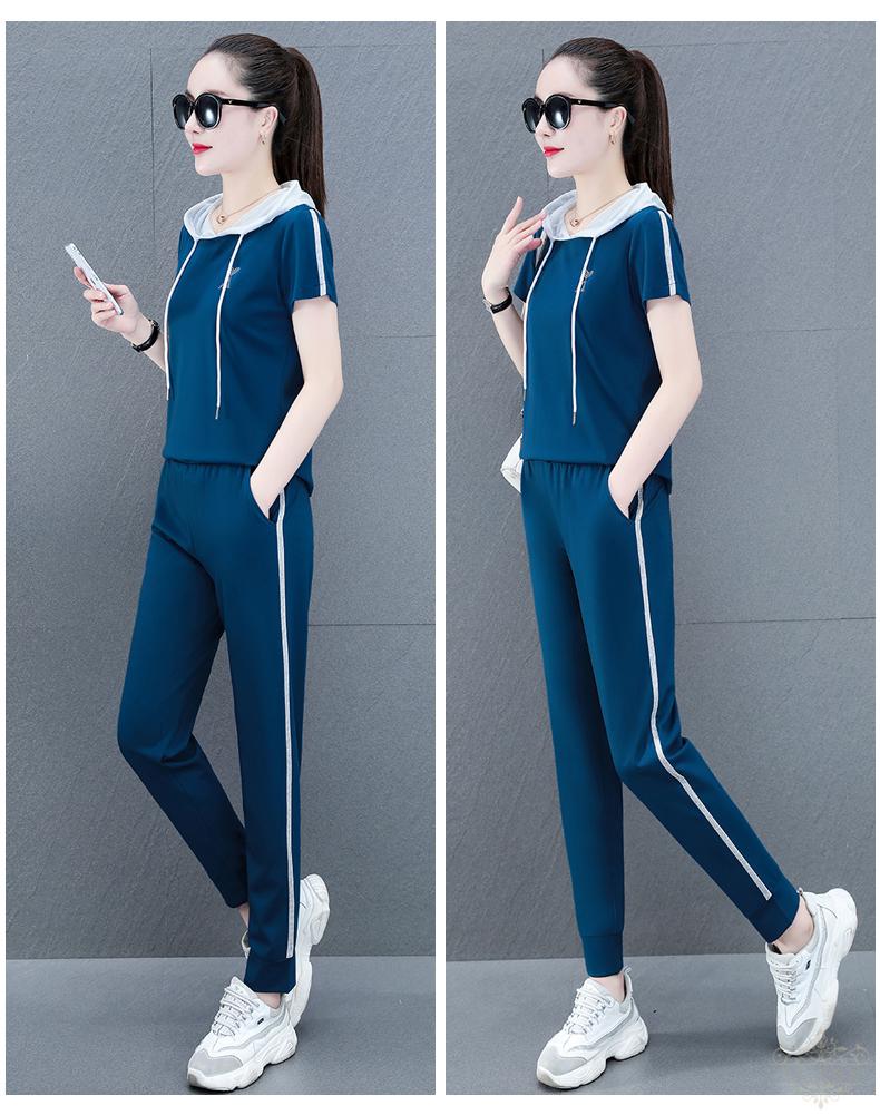 yuzhe高端品牌运动套装女夏季新款中青年连帽宽松显瘦休闲烫钻短袖t恤
