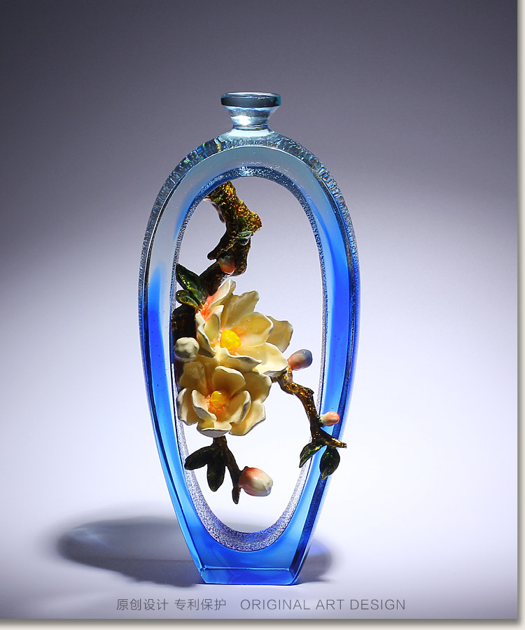 琉璃艺术品玉兰花瓶摆件珐琅彩水晶工艺品客厅玄关柜台装饰中国风