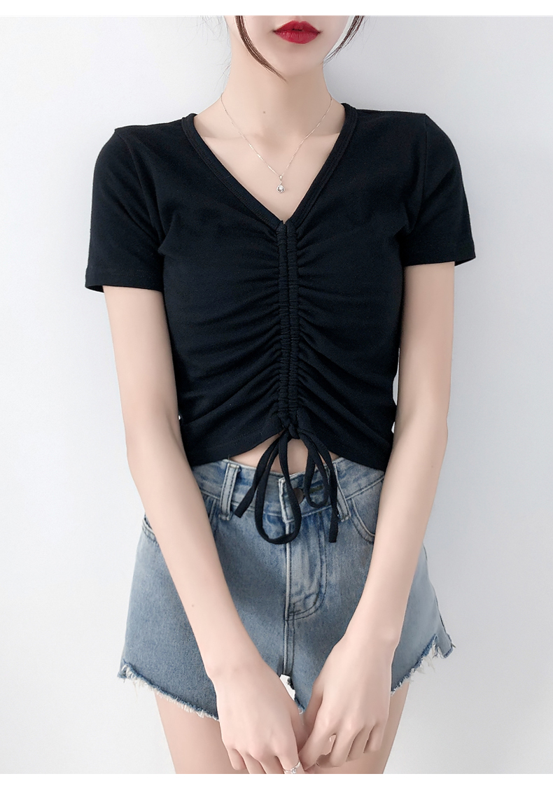 短袖t恤女春秋冬深v领性感修身抽绳露脐上衣体恤打底衫短款白色s