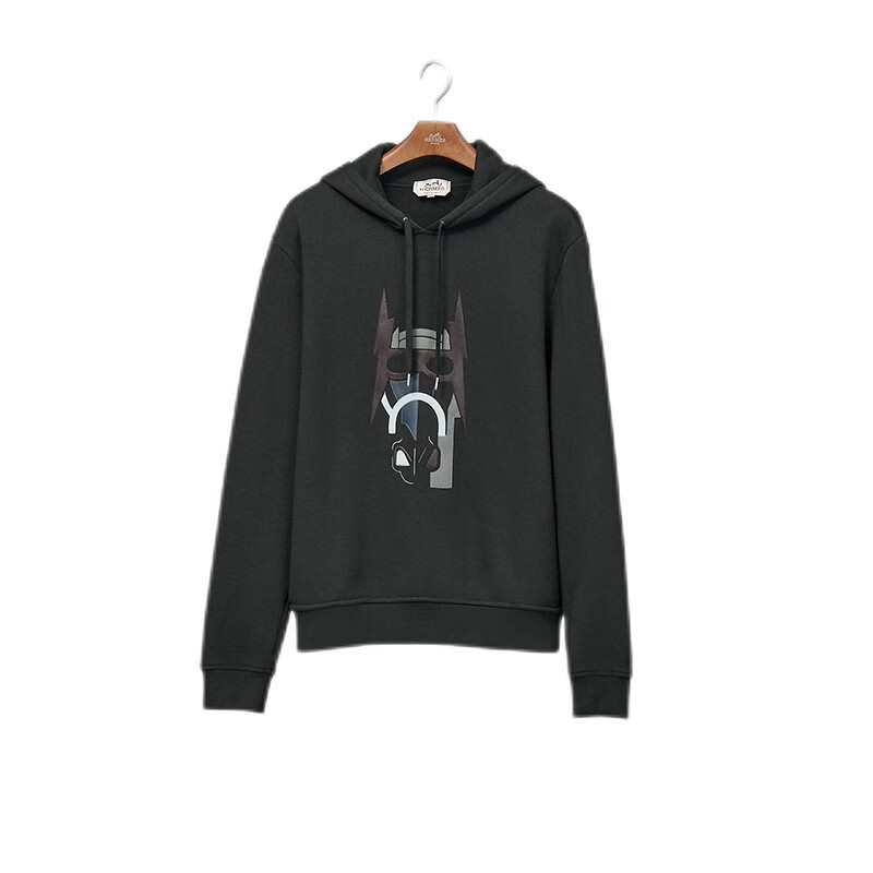 爱马仕(hermes) 2020秋冬新款男装棉质长袖皮革贴片连帽衫卫衣 深绿色