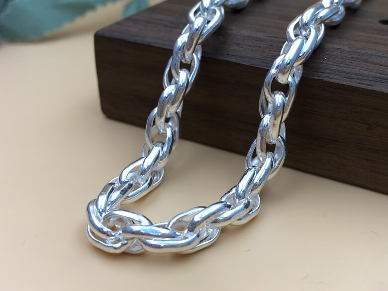 999纯银项链扭纹麻花麻绳链男士粗款霸气项链潮牌百搭银饰 64-65克 长