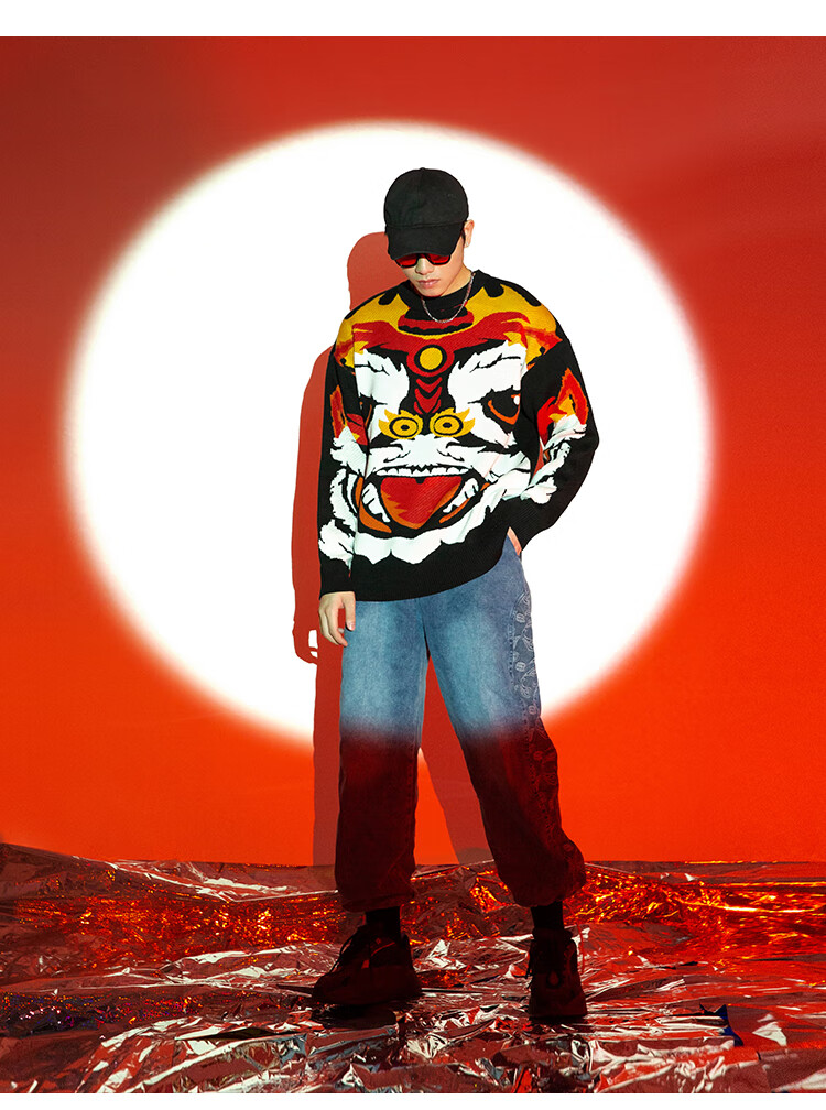 天龙致尊denonsupreme针织衫男女潮牌国潮醒狮印花oversize宽松大码