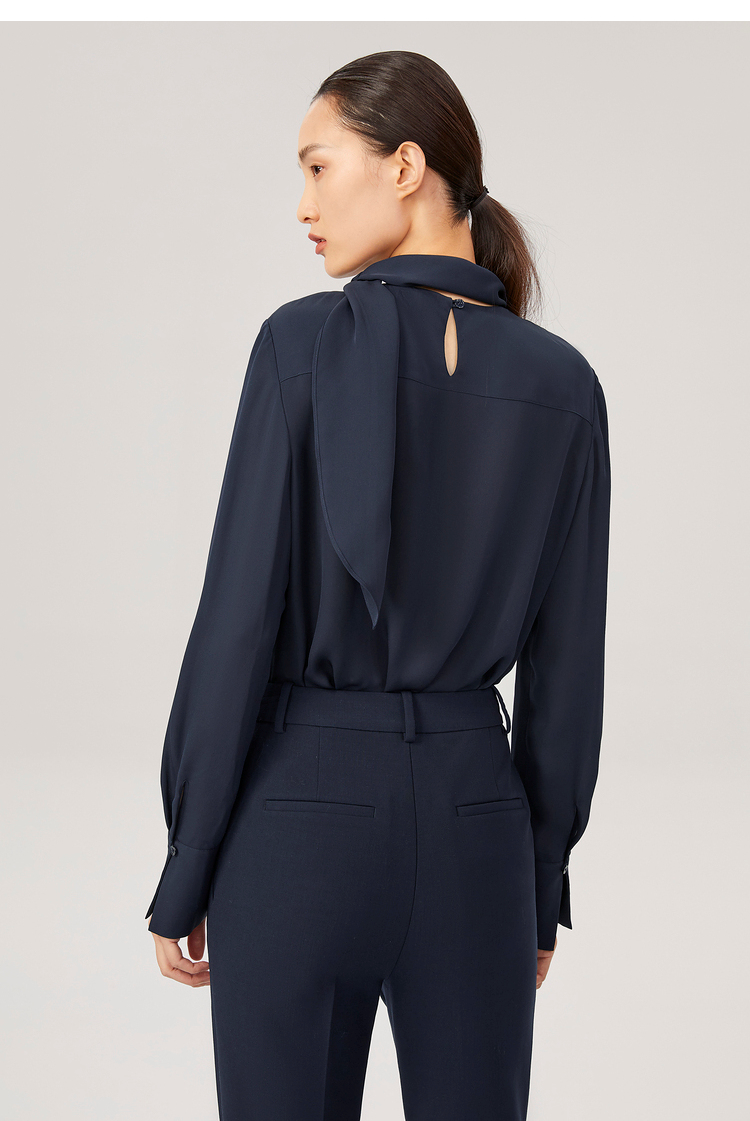 ovv2021秋冬新款19mm双乔前襟工字褶领部飘带真丝衬衫gnsaj31104a藏青